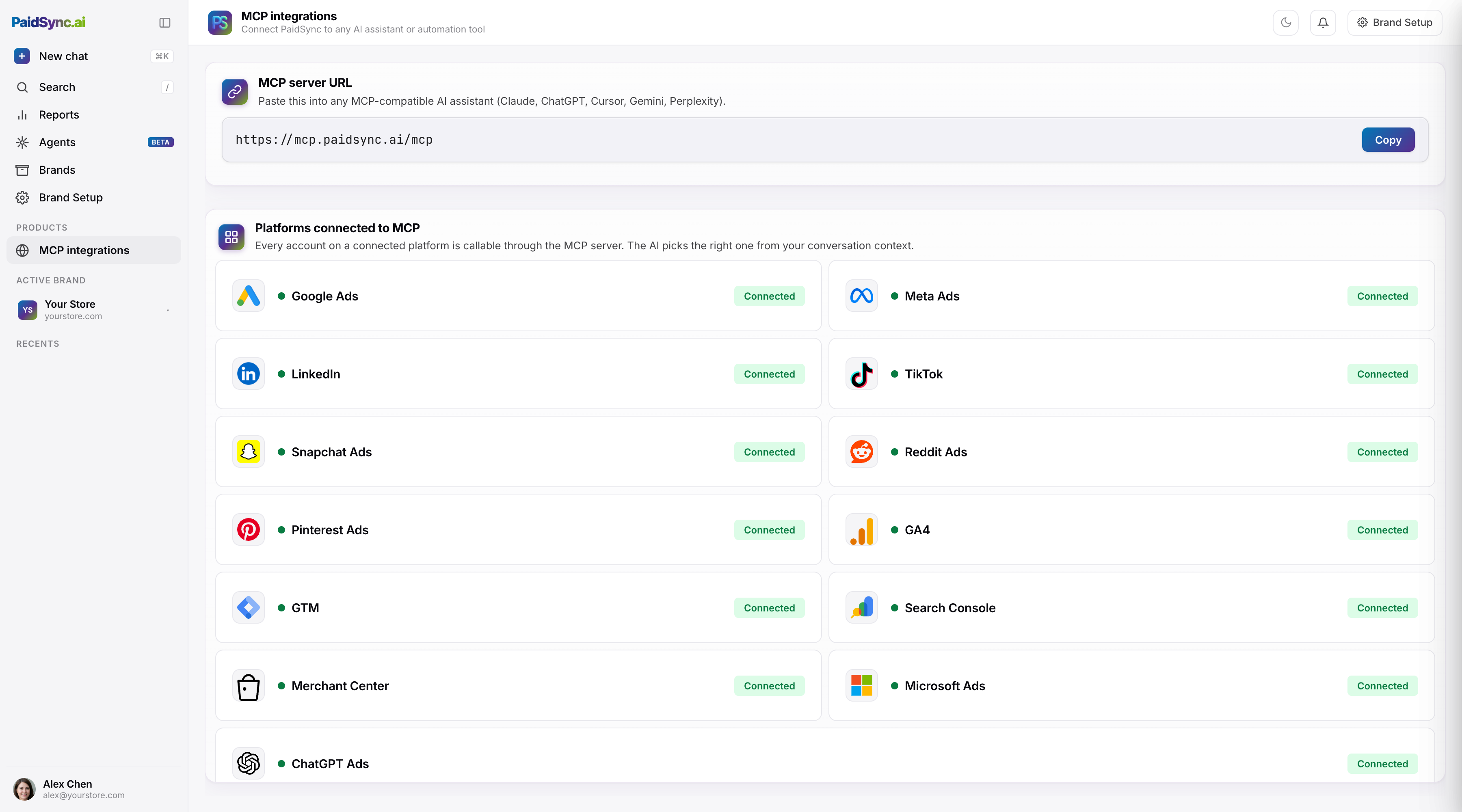 PaidSync MCP integrations: server URL, connect Claude, ChatGPT, Cursor and more