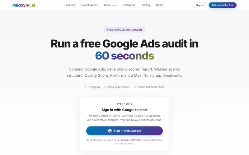 PaidSync free Google Ads grader, live audit tool